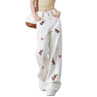 I.T CHOCOOLATE卡通刺绣牛仔裤女蕾丝花边高腰宽松直筒长裤