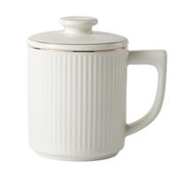 洁雅杰陶瓷马克杯带盖水杯咖啡杯牛奶早餐杯办公会议杯男女茶杯 白色竖纹450ml