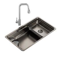 摩恩水槽大单槽厨房洗菜盆洗碗槽洗碗池304不锈钢枪灰色纳米压纹水槽 纳米压纹槽+三出水龙头75*44