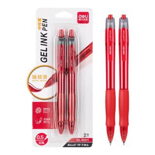 得力 臻顺滑中性笔签字笔 0.5mm子弹头按动笔水笔 S08办公用品 红色 2支/卡36011  红色2支