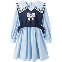 海军领童装女童连衣裙春秋装大童马甲儿童裙子套装裙长袖甜美国风