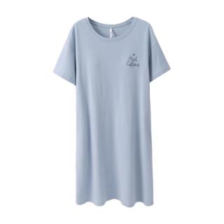 安之伴 睡裙女夏短袖圆领中裙简约舒适家居服女士裙子 牛仔兰-自带胸垫 S