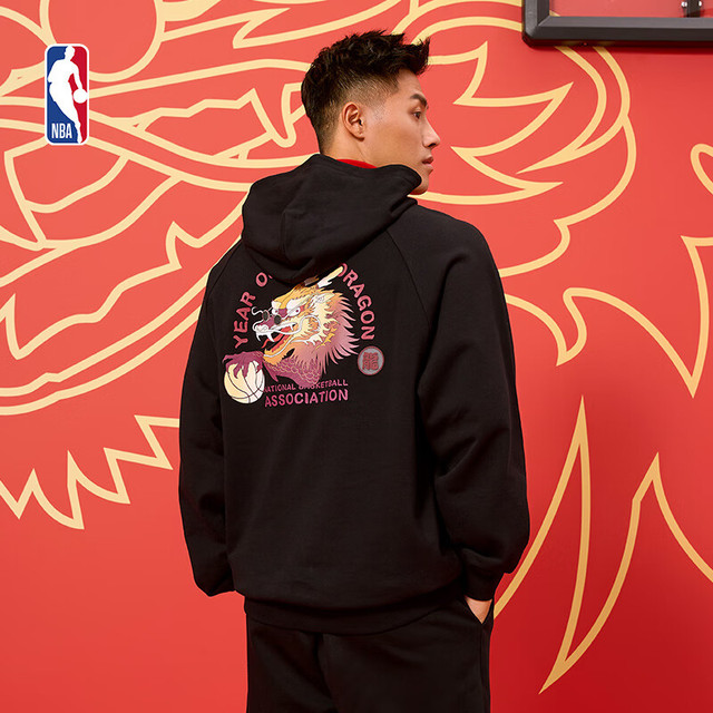 NBA 龙年系列 芝加哥公牛队/湖人队/勇士队宽松连帽卫衣男子秋冬外套 湖人队-黑色 2XL