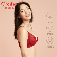 欧迪芬 内衣女无钢圈透气蕾丝文胸小胸聚拢上托收副乳洞洞杯 暗玫瑰红