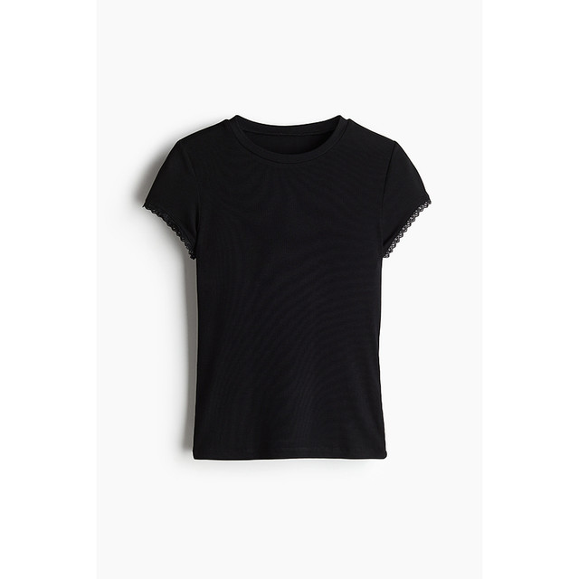 H&M 女装 修身蕾丝罗纹短袖上衣 1259418