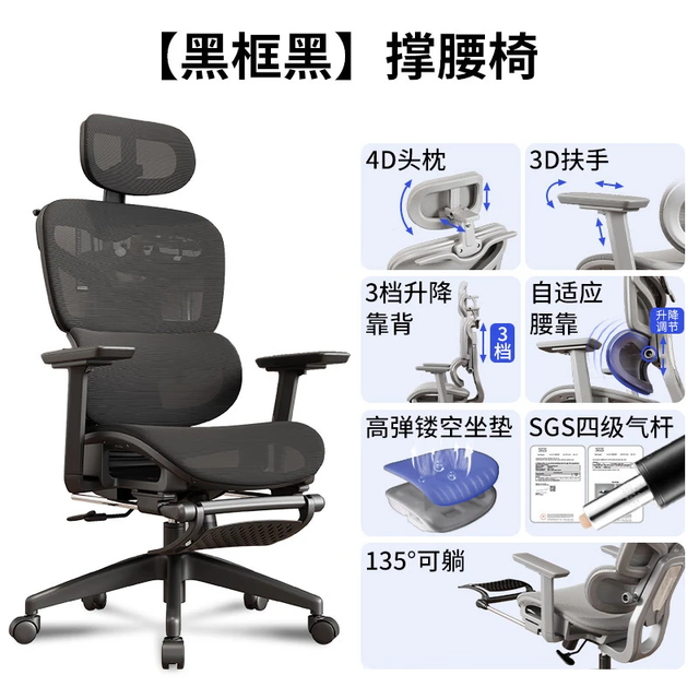 辰已 人体工学椅 4级防爆气杆电脑椅 镂空顶配款-黑色+3D扶手+3档锁定