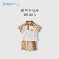 JELLYBABY儿童服装2025洋气POLO宝宝短裤两件套男童夏装套装 卡其 90 cm