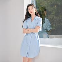 香影 X.YING2025夏装条纹衬衫连衣裙女翻领收腰通勤显瘦中长裙子