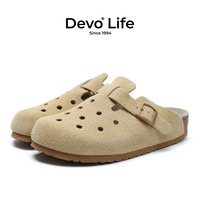 的的的的的沃 Devo Life       软木鞋半包休闲时尚洞洞鞋女生包头卡通拖鞋 22002 粉色反绒牛皮 36
