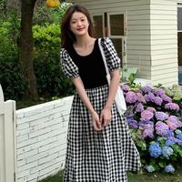 【优雅方领】夏季修身显瘦泡泡袖连衣裙女温柔气质拼接肌理中长裙