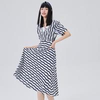 韵律波纹短袖连衣裙字女A字裙减龄翻领印花裙
