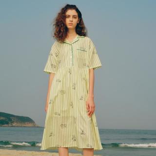 小熊半袖满身刺绣条纹连衣裙家居服女夏休闲舒适睡衣