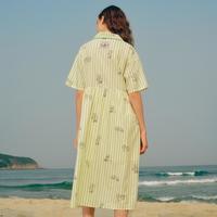 小熊半袖满身刺绣条纹连衣裙家居服女夏休闲舒适睡衣