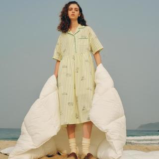 小熊半袖满身刺绣条纹连衣裙家居服女夏休闲舒适睡衣