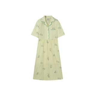 小熊半袖满身刺绣条纹连衣裙家居服女夏休闲舒适睡衣
