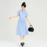 韩系学院风蓝色衬衫连衣裙女夏季2025高级收腰气质掐腰中长裙