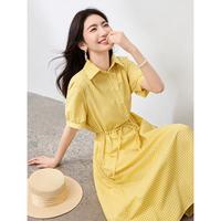 撞色格子衬衫式连衣裙女夏季黄色文艺风甜美减龄拼接宽松短袖长裙