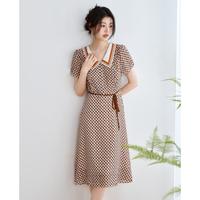 翻领格纹连衣裙女夏季高级感气质减龄少女洋气收腰打底裙休闲裙子
