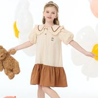 女童连衣裙夏款儿童裙子纯棉娃娃领拼接撞色短袖休闲裙