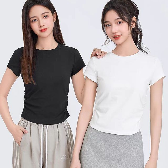 三福 短袖T恤女2025新款夏季褶皱设计感修身圆领短款白色上衣女装