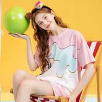 芬腾 睡衣女纯棉夏季新款布朗熊IP联名圆领甜美短袖家居服套装 芙蓉粉 XL