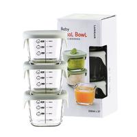 LOCK&LOCK 婴儿辅食盒宝宝耐热玻璃辅食碗可冷冻储存保鲜盒 豆绿方形230ML*3