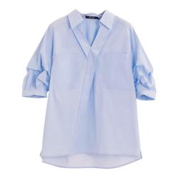 ELLE 斜门襟V领衬衫女夏款宽松薄款轻奢高级欧若风女式上衣纯棉衬衣