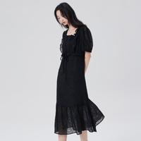 时尚气质方领浪漫A字裙夏季短袖连衣裙子女长裙