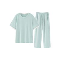 松山棉店小薄荷罗纹睡衣女亨利领短袖长裤家居服套装冰丝夏季薄款
