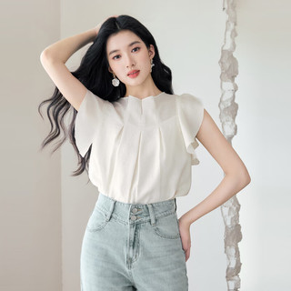 秋水伊人优雅风百搭立领荷叶边上衣2025年夏季女通勤轻薄衬衫 浅米 L