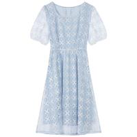 lagogo拉谷谷方领a字高腰甜美短袖泡泡袖夏小众设计连衣裙女 浅蓝色（N8） S 155/36