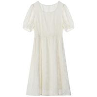 lagogo拉谷谷方领a字高腰甜美短袖泡泡袖夏小众设计连衣裙女 本白色（V1） M 160/38