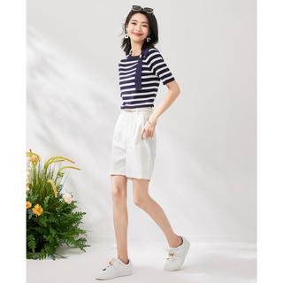 【小露香肩】金属扣肩带通勤条纹短袖T恤针织衫女薄款夏季