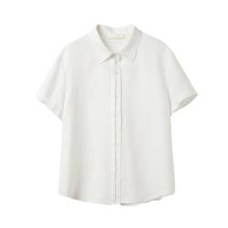 初棉 全麻双门襟短袖衬衫 奶昔白 M