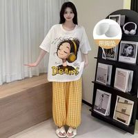 巴洛莲 BORORAMCMJ云朵棉带胸垫睡衣女短袖长裤夏季家居服套装外穿 610耳机女孩 M 4码胸围56c