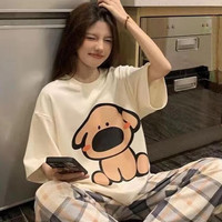 巴洛莲新款春夏睡衣女短袖长裤仿棉套头宽松大码休闲长袖家居服女套装 H2801黑鼻狗 XL 建议115-130斤