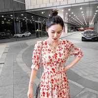 夏天碎花长裙高个子长款连衣裙到脚踝2022夏季雪纺碎花仙女长裙法式 V领气质高腰显瘦荷叶边连衣裙 杏色小碎花 M 100-112斤