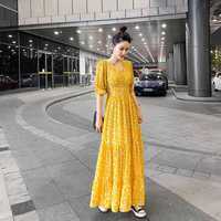 夏天碎花长裙高个子长款连衣裙到脚踝2022夏季雪纺碎花仙女长裙法式 V领气质高腰显瘦荷叶边连衣裙 黄色小碎花 M 100-112斤