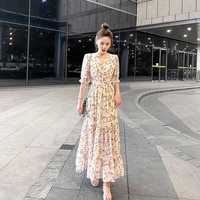 夏天碎花长裙高个子长款连衣裙到脚踝2022夏季新款雪纺碎花仙女长裙法式 V领气质高腰显瘦荷叶边连衣裙 小碎花 建议112-