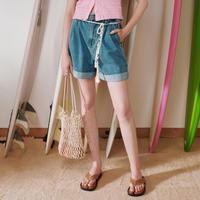 小熊夏款舒适复古高腰五分裤牛仔短裤子女