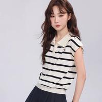 【经典黑白条纹】夏季时尚翻领针织衫时尚气质百搭通勤上衣女
