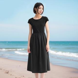 【小黑裙】夏季圆领修身气质连衣裙女百搭通勤显瘦高级感拼接长裙