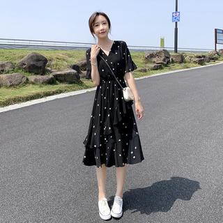 小个子连衣裙女夏季高级感气质波点裙时尚减龄荷叶边收腰显瘦裙子