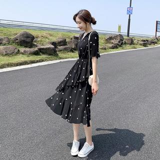 小个子连衣裙女夏季高级感气质波点裙时尚减龄荷叶边收腰显瘦裙子