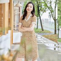 【知性优雅】夏日中长款休闲连衣裙女优雅通勤v领短袖A字裙