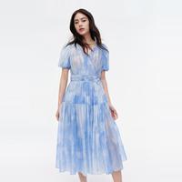 夏季女装泡泡袖系带收腰V领套头印花裙