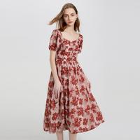 她图 女士法式方领印花泡泡袖连衣裙