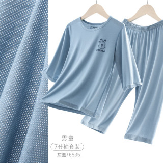 巴布豆 儿童睡衣夏季男童家居服薄款宝宝空调服套装女童男孩大童装  灰蓝