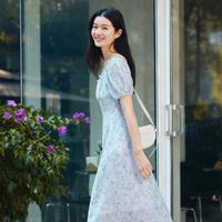 【小雏菊连衣裙】夏季温柔清新方领肌理碎花裙修身一字肩吊带长裙