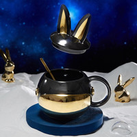 共禾京品（JINGREPUBLIC）大容量陶瓷杯可爱太空兔时尚马克杯个性水杯创意 黑色-礼盒装